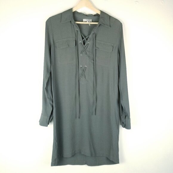 1.State‎ XS Shirt Dress Green Cross laceup top collared - Picture 1 of 10